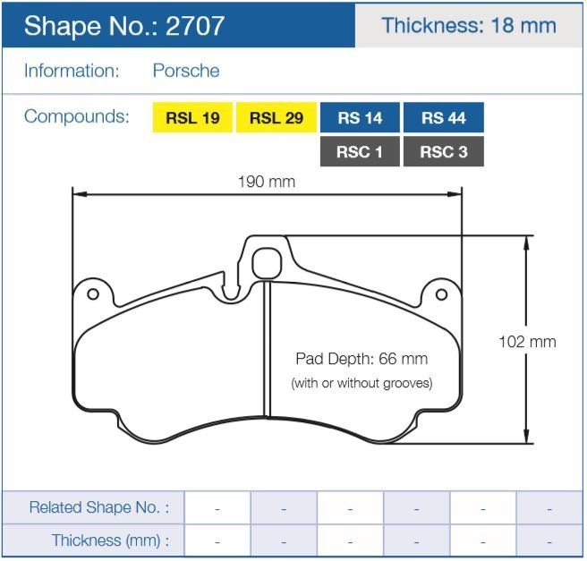 Колодки тормозные 2707-RSC3 PAGID RSC3 передние PORSCHE 911 997 ceramic brakes, GT3; 996 GT2